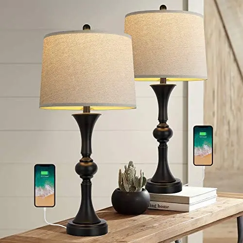 Oneach Traditional Table Lamps Set of 2 with USB Charging Port for Living Room 29.25“ Nightstand Lamp for Bedroom Bedside Table Lamp with Neutral Drum Shade Black