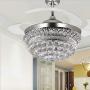 Crystal Chandelier Fandelier Chrome Ceiling Fan 42 Inch with Retractable invisible Blades and 3 Changing LED Light Color Ceiling Fan Light for Indoor, Living Room, Dining Room, Bedroom