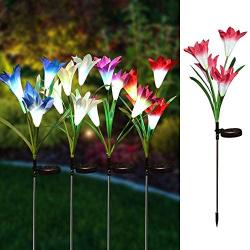 Joiedomi 4Packs Outdoor Solar Garden Stake Lights 16 Lily Flower Multi-Color Changing LED Decorative Landscape Lights Waterproof for Walkway Pathway Yard Lawn Patio Courtyard