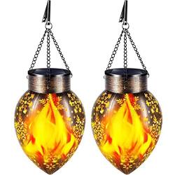 TomCare Solar Lights Outdoor Metal Flickering Flame Solar Lantern Outdoor Hanging Decorative Lanterns with Hanging Chain Solar Powered Waterproof LED Decorations for Patio Garden Deck Yard, 2 Pack