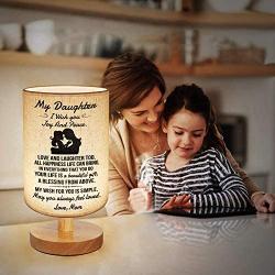 Mom to Daughter Gifts - Engraved Table Lamp, Bedside Nightstand Lamp, Fabric Wooden Desk Lamp for Bedroom Living Room Office Study - Best Anniversary Birthday Gift (A-for Daughter from Mom)