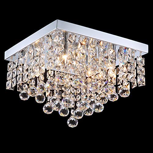 WIFUME Crystal Chandelier, Modern Crystal Square Flush Mount Ceiling Light Fixture, Crystal Ceiling Lamp, 4 Lights Pendant Light for Dining Room Hallway Bedroom Living Room Kitchen, Wide11.8''