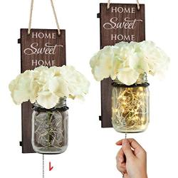 TJ.MOREE Rustic Wall Sconce - Mason Jar Wall Sconce, Rustic Home Decor with Pull Chain Switch, Silk Hydrangea and LED Strip Lights Design for Home Decoration Home Sweet Home Housewarming Gift Set of 2