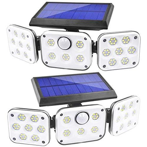 Solar Lights Outdoor, Lachesis 3 Heads Motion Sensor Security Lights Solar Powered, IP65 Waterproof 114 LED Flood Lights Motion Detected Spotlight 360° Rotatable for Porch Entryways Garage - 2 Pack