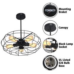 Semi Flush Mount Ceiling Light, KingSo Industrial Lights Fixture Fan Style Chandelier Vintage Farmhouse Lighting with 5 E26 Bulb Base Listed for Hallway, Restaurant, Living Room, UL Listed