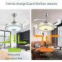 Modern Ceiling Fan Retractable Blades with Light and Bluetooth Speaker Smart Ceiling Fans Lights 3 Color Change Invisible Ceiling Chandelier Fan with Remote 6 Speeds for Bedroom Living Room 42'' Silver
