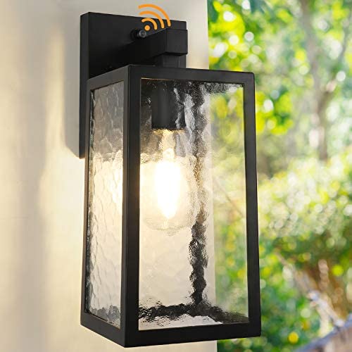 Dusk to Dawn Sensor Outdoor Wall Sconce, Exterior Wall Lantern Fixture with E26 Socket, Wall Mount Lights Anti-Rust Waterproof Matte Black Wall Lamp with Water Glass Shade for Garage Porch Doorway