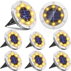 Solar Ground Lights Outdoor 8 Pack, Vosaro 8 LED Solar Garden Lights Waterproof, Upgraded Solar Powered Disk Lights, Landscape Lighting for Lawn Pathway Driveway Garden Yard Patio, Warm White