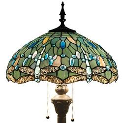 Tiffany Floor Standing Lamp W16H64 Inch Tall Sea Blue Stained Glass Crystal Bead Dragonfly Style Shade 2E26 Antique Lighting Resin Base S147 WERFACTORY Lamps Bedroom Living Room Bookcase Lover Gifts