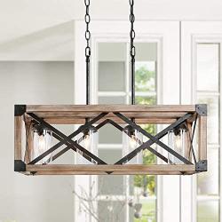 LOG BARN Farmhouse Chandelier, Kitchen Island Lighting in Rustic Wood and Metal Finish with Clear Glass Shades, 27.5'' Rectangular Chandelier for Dining Room