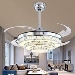 BIGBANBAN 42 Inch Crystal Ceiling Fan with Lights and Remote,Modern Chandelier with Retractable Blade,LED Ceiling Fan for Dining Room (Sliver)