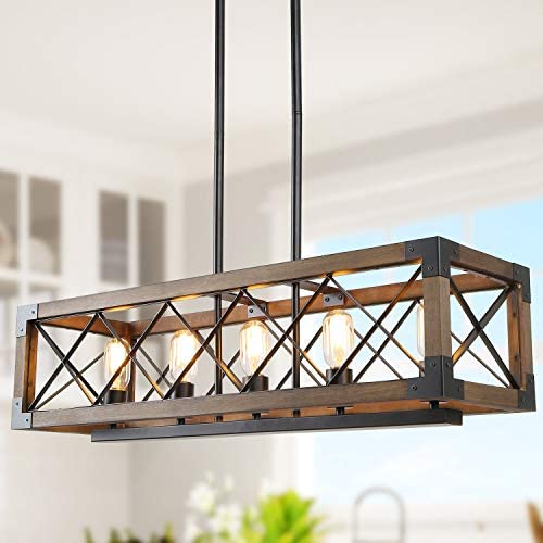 Kitchen Island Lighting, 5-Light Dining Room Chandelier Farmhouse Light Fixtures Wood Pendant Lighting for Living Room,Foyer,Bars