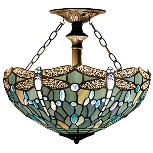 Tiffany Ceiling Fixture Lamp Semi Flush Mount Light W16H15 Inch Sea Blue Stained Glass Crystal Bead Dragonfly Shade S147 WERFACTORY Kid Living Room Bedroom Study Kitchen Island Bar Hallway Dining Room