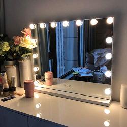 FENCHILIN Large Vanity Mirror with Lights, Hollywood Lighted Makeup Mirror with 15 Dimmable LED Bulbs for Dressing Room & Bedroom, Tabletop or Wall-Mounted, Slim Metal Frame Design, White