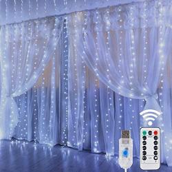 HOME LIGHTING Window Curtain String Lights, 300 LED 8 Lighting Modes Fairy Copper Light with Remote, USB Powered Waterproof for Christmas Bedroom Party Wedding Home Garden Wall Decorations, Cool White