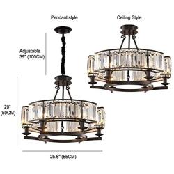 APBEAMLighting Luxury Round Crystal Chandelier Retro Pendant Lighting Hanging Ceiling Light Dimmable Fixture with Adjustable Chain for Dining Room Bedroom Black