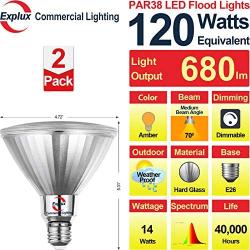 Explux LED PAR38 Amber Flood Light Bulbs, Dimmable, Full-Glass Weatherproof, 120W Equivalent, 2-Pack