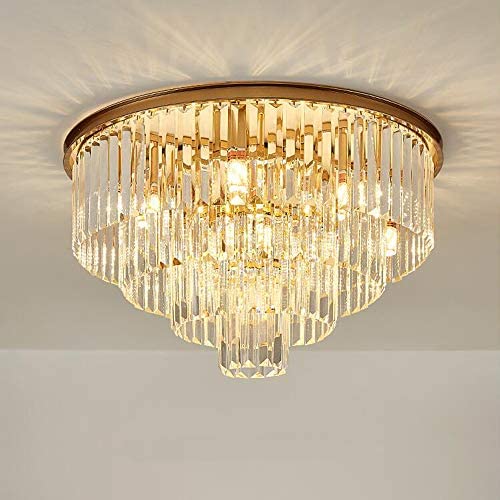 Modern K9 Crystal Chandelier Lighting, Luxury Gold Crystal Ceiling Chandelier with Remote, Crystal Flush Mount Ceiling Light Fixture for Island Dining Room Bedroom Living Room (Dia 23 Inch)
