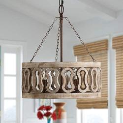 Farmhouse Wood Chandelier, Wood Durm Pendant Lighting for Kitchen, Dining Room, Living Room, Weathered Wood