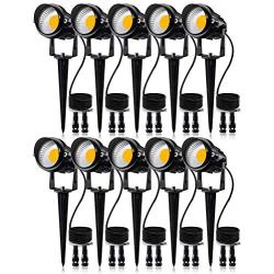 SUNVIE 12W Low Voltage LED Landscape Lights with Connectors, Outdoor 12V Super Warm White (900LM) Waterproof Garden Pathway Lights Wall Tree Flag Spotlights with Spike Stand (10 Pack with Connector)