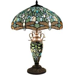 Tiffany Table Lamp W16H24 Inch Tall Sea Blue Stained Glass Crystal Bead Dragonfly Style Lampshade Antique Night Desk Light Base S147 WERFACTORY Lamps Lover Living Room Bedroom Study Reading Art Gifts