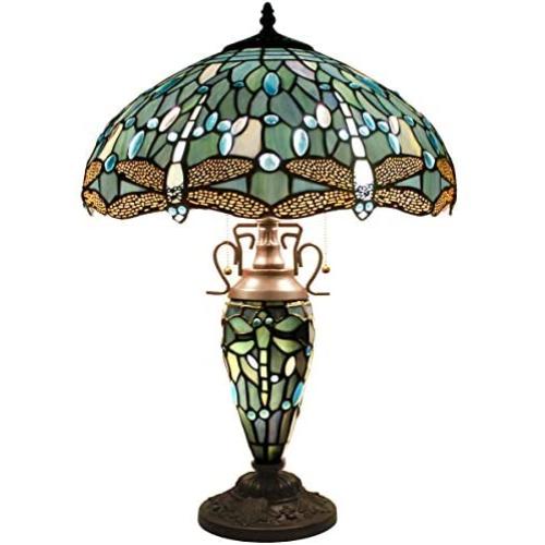 Tiffany Table Lamp W16H24 Inch Tall Sea Blue Stained Glass Crystal Bead Dragonfly Style Lampshade Antique Night Desk Light Base S147 WERFACTORY Lamps Lover Living Room Bedroom Study Reading Art Gifts