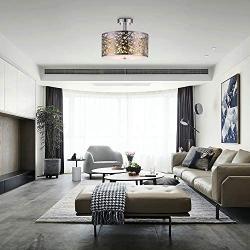 Loclgpm 2 Lights Semi Flush Mount Ceiling Light, Drum Chandelier Fixture with Metal Shade Contemporary, Chrome Finish Pendant Light for Bedroom,Living Room,Dining Room,Hall