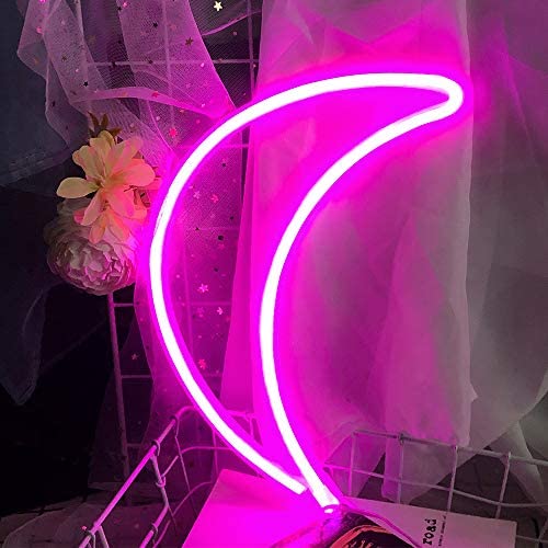 Protecu Moon Neon Sign, 3 AA Battery/USB Powered Neon Lights LED Signs for Bedroom Decor, Cute Neon Signs Wall Decor for Birthday, Wedding, Party, Thanksgiving, Christmas, New Year Decorations (Pink)