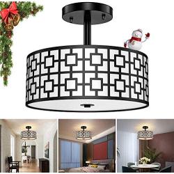 Modern Semi Flush Light Fixture Ceiling, DLLT Bedroom Ceiling Drum Light, Entry Light Fixtures Ceiling Hanging for Dining Room, Kitchen, Hallway, Entry, Foyer, Living Room, 3-Lights-Black Finish