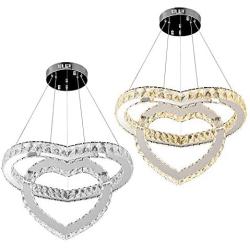 Modern Crystal Chandeliers, Heart Shape 2 Rings 50W 110V LED Crystal Chandelier Fixtures Stainless Steel Round Pendant Ceiling Lights Fixtures for Dining Room Living Room Bedroom (Cold White)