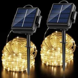 OPOLEMIN Solar String Lights Outdoor, 2 Packs 200 LED 65.6ft Solar Rope Lights Solar & 2400 mAh Rechargeable Battery Powered 8 Modes PVC Tube Waterproof Solar Fairy Lights for Halloween Garden Decor