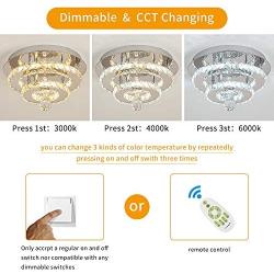 Modern Crystal Ceiling Light with Dimmable Remote Control, Stainless Steel Luxury Flush Mount LED Chandeliers Ceiling Light Fixture, Ideal for Dining Room, Bedroom, Hallway, Living Room