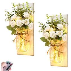 Rustic Wall Sconces Mason Jar Lights Handmade Wall Art Hanging Design with Remote Timer LED Fairy Lights and White Rose, Farmhouse Kitchen Decorations Wall Decor Living Room Sconces (Set of Two)