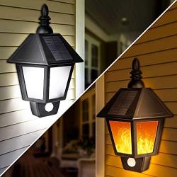 Solar Lights Outdoor, 2 in 1 Sconce Decorative Flickering Flame Wall Lights Dusk to Dawn, Wireless Waterproof Solar Lights Motion Sensor for Outdoor Party, Garden, Patio, Garage, Back/Front Door