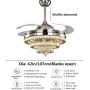 Fandian 42'' Crystal Ceiling Fan with Lights Remote Chandelier Fixture Retractable Invisible Blades 3 Color Changes Lighting Decors for Living Room Dining Room Bedroom