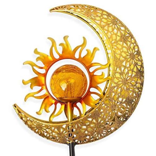 Kyson Sun Moon Solar Lights Garden Outdoor Waterproof Metal Decorative Stakes Crackle Glass Globe Warm White LED for Walkway,Yard,Lawn,Patio (1 Pack)