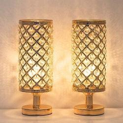 HAITRAL Crystal Table Lamp Set of 2 - Elegant Decorative Bedside Lamp Set with Clear Crystal Beads Lampshade, Gold Nightstand Lamps for Bedroom, Living Room, Girls Room, Guest Room (HT-TH132-16X2)