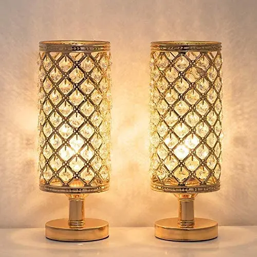 HAITRAL Crystal Table Lamp Set of 2 - Elegant Decorative Bedside Lamp Set with Clear Crystal Beads Lampshade, Gold Nightstand Lamps for Bedroom, Living Room, Girls Room, Guest Room (HT-TH132-16X2)