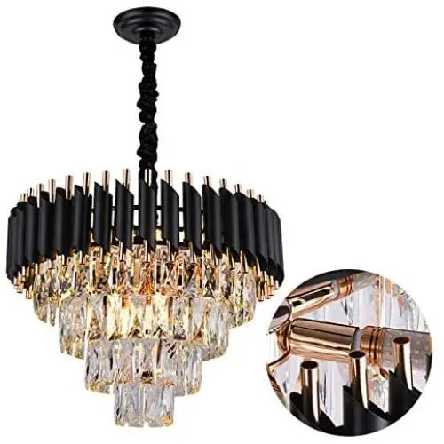 A AXILIXI Crystal Chandeliers, 9-Lights H15'' X W20'' Modern Dinning Room Chandelier, Adjustable Chain Ceiling Light Fixture, 4-Tier K9 Pendant Lamp for Living Room, Black and Rose Gold