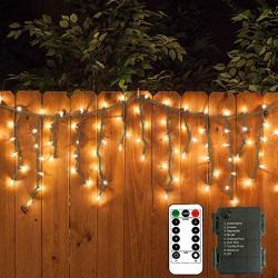 Fairy Curtain Lights Garden Icicle Lights, Battery Powered 102 Led Outdoor String Light with Remote & Timer, Dark Green Cable 8 Modes for Indoor Bedroom Christmas Party Wedding Decoration (Warm White)