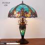 Tiffany Style Table Lamp W16H24 Inch Tall Green Stained Glass Liaison Lampshade Antique Night Light Base S160G WERFACTORY LAMPS Lover Living Room Bedroom Office Study Reading Desk Nightstand Art Gifts