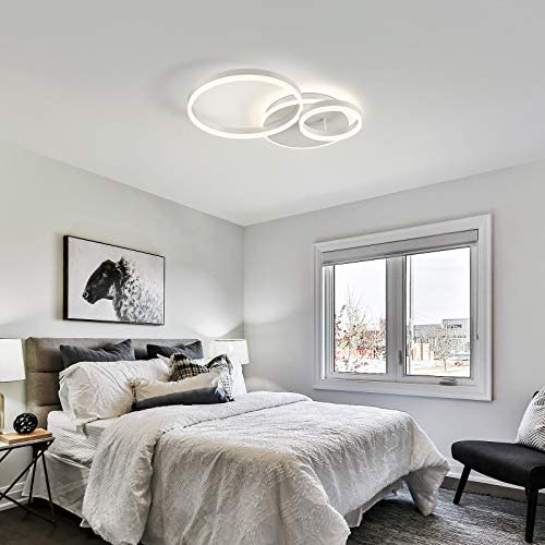 IKK Modern Ceiling Light, Flush Mount LED Lighting Fixture 4000K Natural Light, 3 White Rings Acrylic Shade, Modern Ceiling Lamp 60 Watts for Kids Rooms, Hotel Rooms, Dining Rooms, Living Room, Foyer