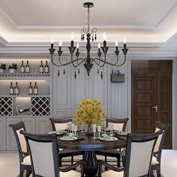 VINLUZ Black Rustic French Country Chandelier Lighting, 8 Light Metal Vintage Kitchen Island Pendant Light for Dining Room Industrial Farmhouse Ceiling Hanging Fixture