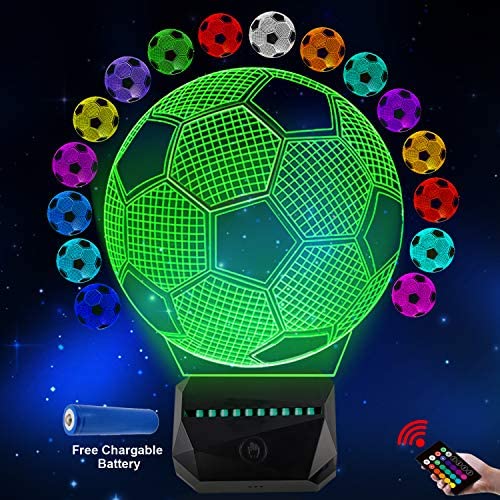 3D LED Night Light Soccer Rechargeable 3D Optical Illusion Lamp for Kid Girl Boy Bedroom Soccer Lamps with Remote Control 16 Color Touch Operated USB Battery Power Decor Xma (3D Soccer)