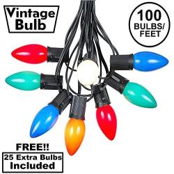 100 Foot C9 Multi Ceramic Christmas String Light Set - Outdoor Christmas Light String - Christmas Tree Lights – Opaque Christmas Bulbs - Roofline Light String – Outdoor String Lights - Black Wire