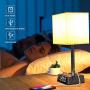 Table Lamp - Bedside Table Lamps with 4 USB Ports and Power Outlets, Alarm Clock Base w/ 6Ft Cord, Square Oatmeal Fabric Lampshade Modern Accent Nightstand Lamps for Bedrooms Living Room Office