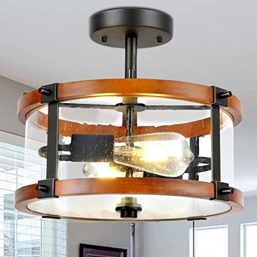 Derksic Rustic Semi Flush Mount Ceiling Light 2-Light Vintage Drum Wood Ceiling Light Fixture with Clear Seeded Glass Shade for Living Room Dining Room Kitchen Hallway Foyer Brown