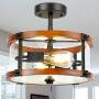 Derksic Rustic Semi Flush Mount Ceiling Light 2-Light Vintage Drum Wood Ceiling Light Fixture with Clear Seeded Glass Shade for Living Room Dining Room Kitchen Hallway Foyer Brown