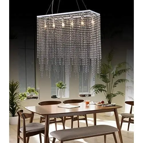 Meenyo Crystal Chandelier Lighting 6 Light Modern Rectangular Crystal Raindrop Chandelier High Ceiling Chrome for Dining Room Living Room Bedroom