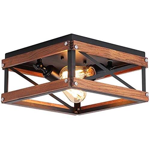 Rustic Farmhouse Flush Mount Light Fixture Two-Light Metal and Wood Square Flush Mount Ceiling Light for Hallway Bedroom Kitchen Entryway, Black